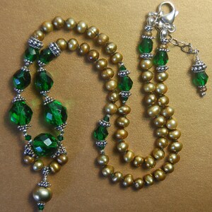 Vintage Emerald green, golden fresh water pearls and Bali sterling silver necklace image 2