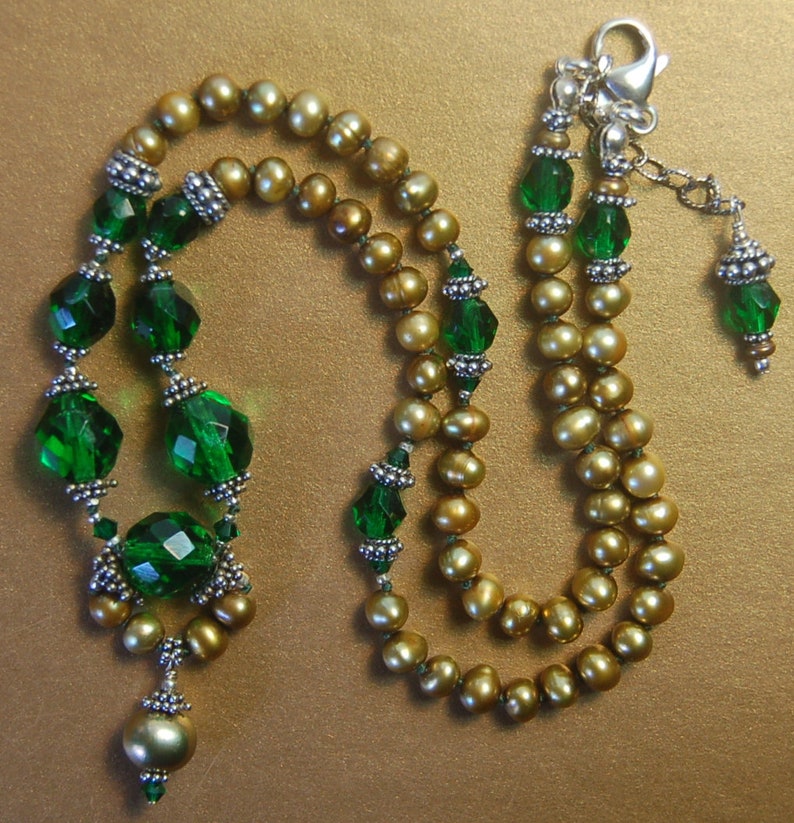 Vintage Emerald green, golden fresh water pearls and Bali sterling silver necklace image 2