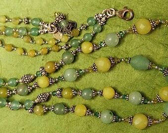 Hand knotted natural adventurine, olive jade and Bali sterling silver beaded necklace