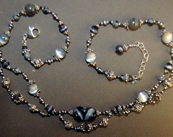 Shades of gray, silver and black vintage inspired scalloped necklace