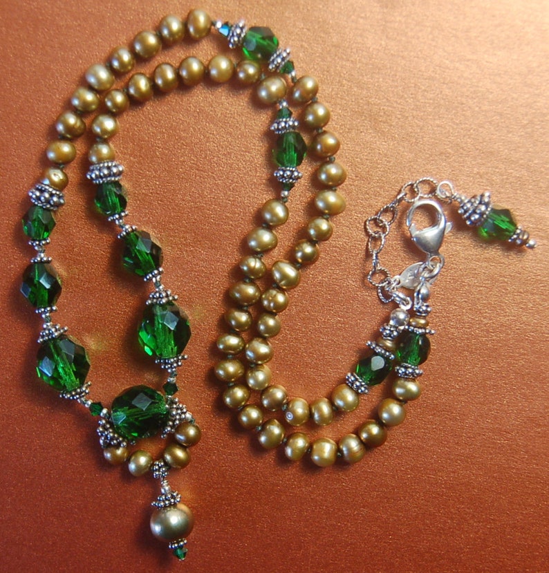 Vintage Emerald green, golden fresh water pearls and Bali sterling silver necklace image 7