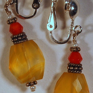 Red coral, yellow chalcedony, seed pearl and Bali sterling silver non pierced earrings image 2