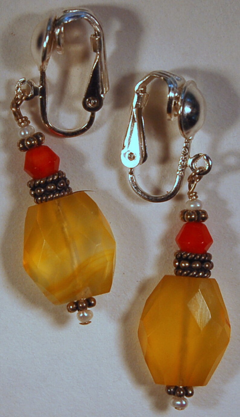 Red coral, yellow chalcedony, seed pearl and Bali sterling silver non pierced earrings image 2