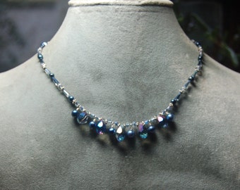 Hand knotted faceted glass, blue fresh water pearls and Bali sterling silver beaded necklace