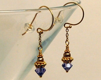Tanzanite Swarovski crystal, golden fresh water pearls and 24kg vermeil Bali beaded pierced earrings