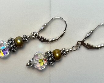 Golden fresh water pearls, Bali sterling silver and faceted crystal earrings.