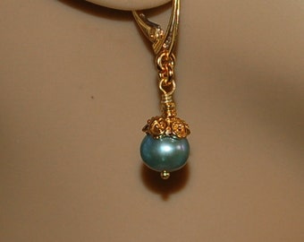 Teal fresh water pearls and 24k gold vermeil pierced leverback earrings