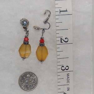 Red coral, yellow chalcedony, seed pearl and Bali sterling silver non pierced earrings image 3