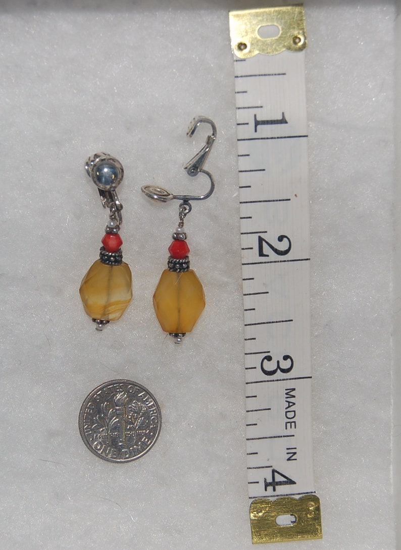 Red coral, yellow chalcedony, seed pearl and Bali sterling silver non pierced earrings image 3