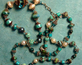 Turquoise, fresh water pearls and Bali sterling silver beaded necklace