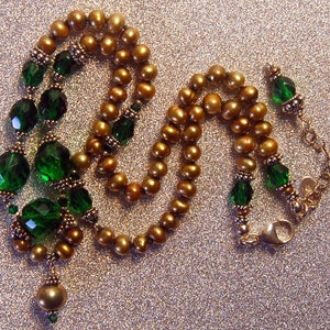 Vintage Emerald green, golden fresh water pearls and Bali sterling silver necklace image 9