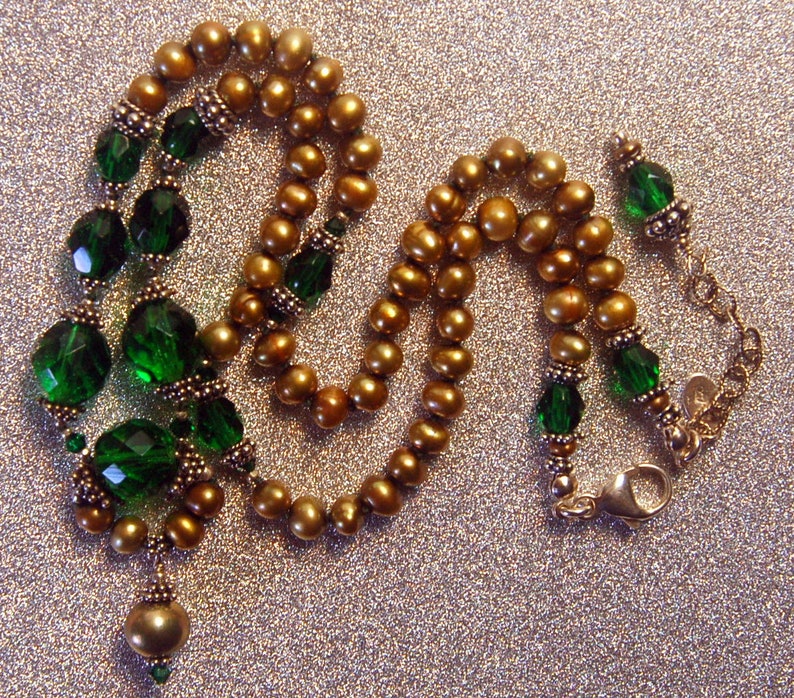 Vintage Emerald green, golden fresh water pearls and Bali sterling silver necklace image 9