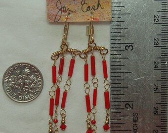 Vintage red bugle glass, Swarovski crystals and 14k gold filled beaded pierced earrings