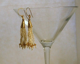 Creamy white pearl and 24k gold vermeil tassle pierced earrings