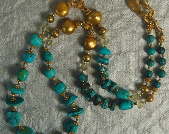 Hand knotted semi precious turquoise, citrines, fresh water pearls and 24kgold vermeil necklace