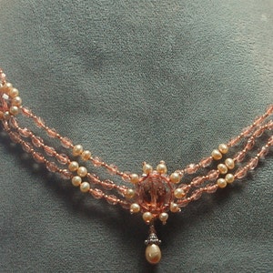 Hand knotted peach fresh water pearls, Czech fire polished glass, Swarovski crystal and Bali sterling silver beaded necklace image 1