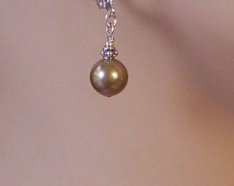 Large fresh water greenish gold pearls and Bali sterling silver beaded pierced earrings