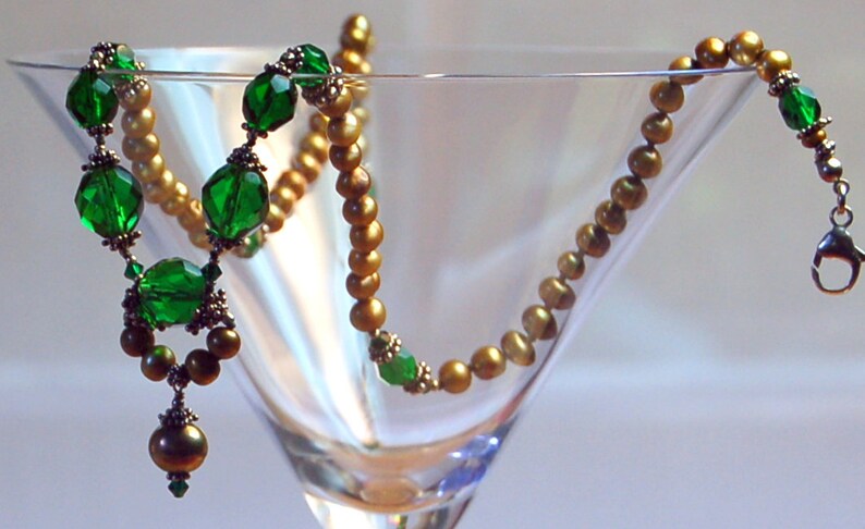 Vintage Emerald green, golden fresh water pearls and Bali sterling silver necklace image 4