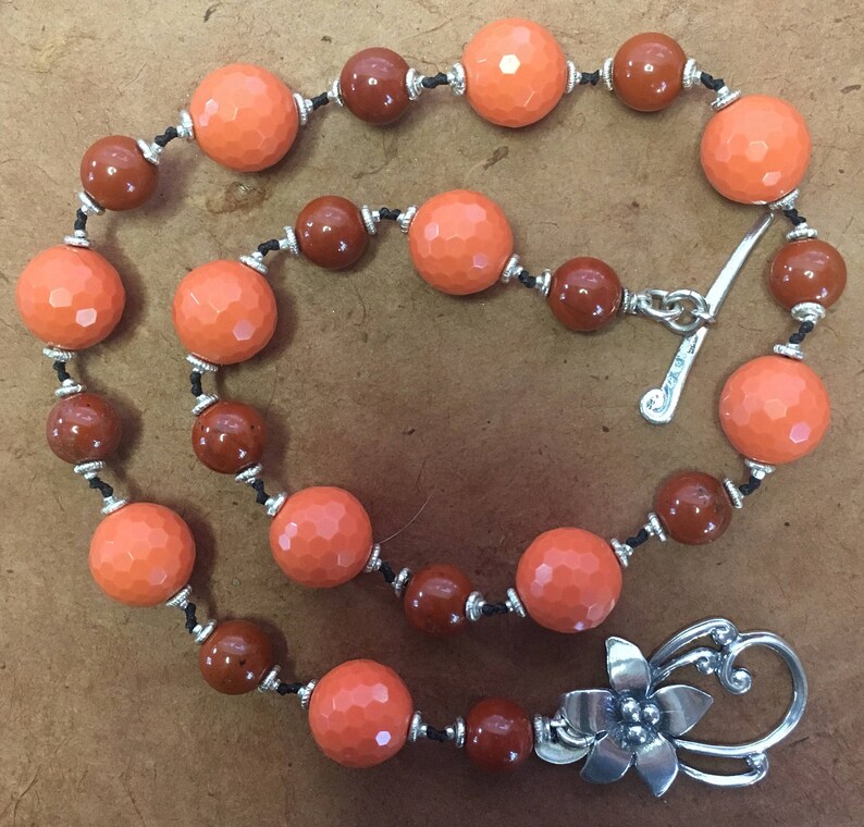 gorgeous 925 sterling silver flower toggle clasp necklace red jasper sterling silver beads Hand knotted semi precious orange jade