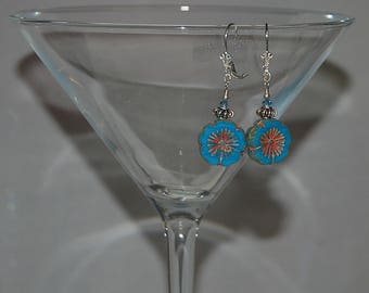 Blue Czech Picasso glass flower, blue Swarovski crystal and Bali sterling silver beaded lever back pierced earrings