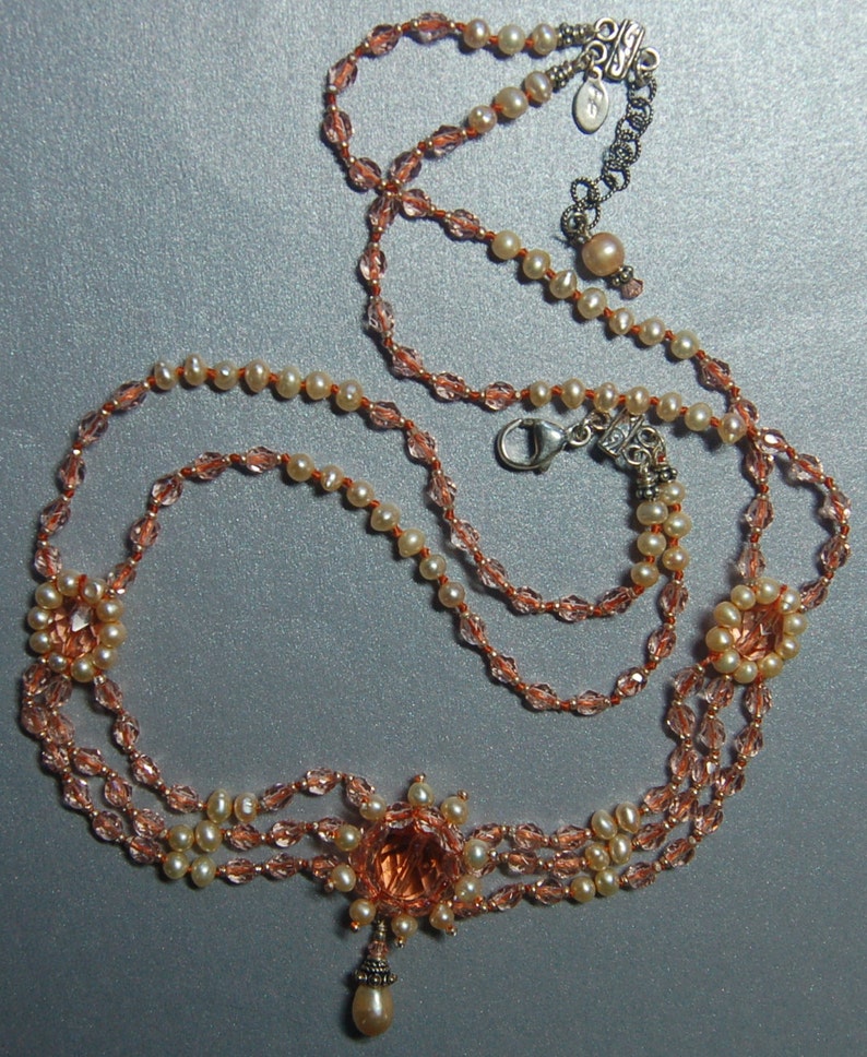 Hand knotted peach fresh water pearls, Czech fire polished glass, Swarovski crystal and Bali sterling silver beaded necklace image 5