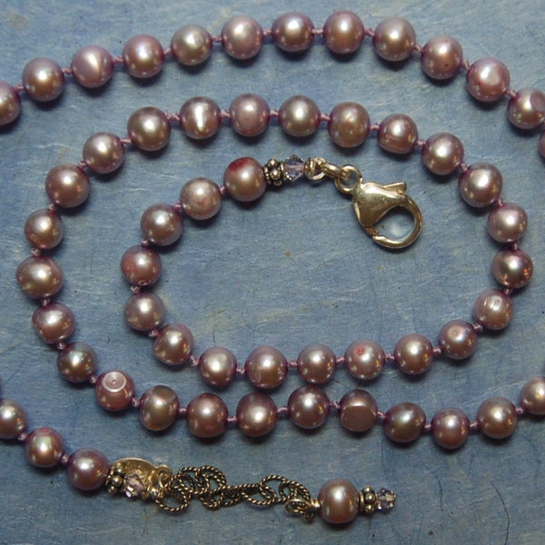 Hand knotted light plum fresh water pearls, Swarovski crystal and Bali sterling silver beaded necklace