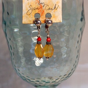 Red coral, yellow chalcedony, seed pearl and Bali sterling silver non pierced earrings image 1