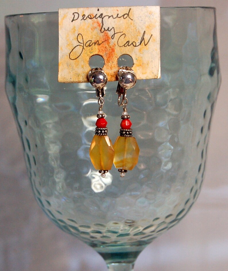 Red coral, yellow chalcedony, seed pearl and Bali sterling silver non pierced earrings image 1