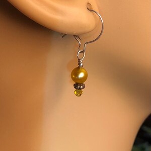 Golden yellow fresh water pearls, Swarovski crystal and Sterling silver beaded pierced earrings