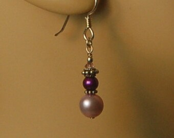 Purple, pink fresh water pearl and Bali sterling silver beaded pierced earrings
