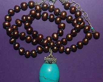 Chocolate fresh water pearls, turquoise gemstone and Bali sterling silver beaded necklace