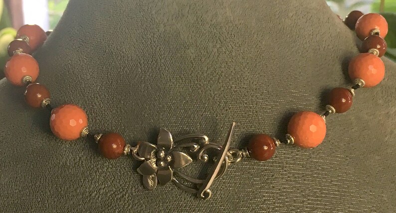 gorgeous 925 sterling silver flower toggle clasp necklace red jasper sterling silver beads Hand knotted semi precious orange jade