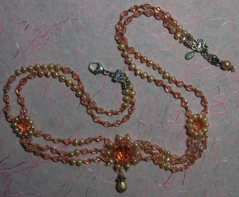 Hand knotted peach fresh water pearls, Czech fire polished glass, Swarovski crystal and Bali sterling silver beaded necklace image 3