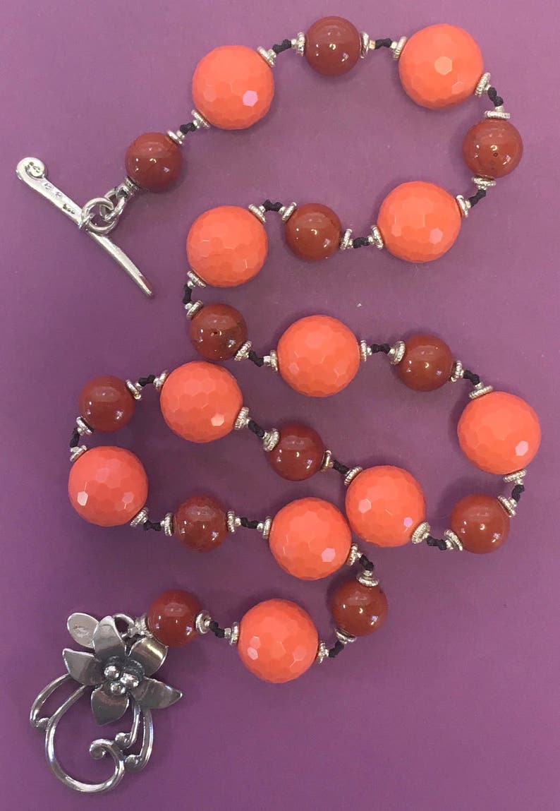 gorgeous 925 sterling silver flower toggle clasp necklace red jasper sterling silver beads Hand knotted semi precious orange jade