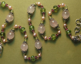 Hand knotted Rose quartz, Peridot, Garnet, Fresh water pearl and Bali sterling silver beaded necklace