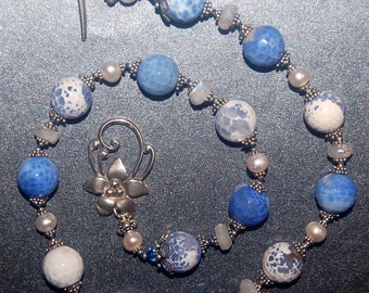 Hand knotted semi precious moonstone, creamy fresh water pearls, blue/white faceted Fire agate and Bali sterling silver beaded necklace