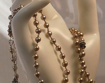 Hand Knotted Opera Length Pearl Necklace: Beige, Sterling Silver