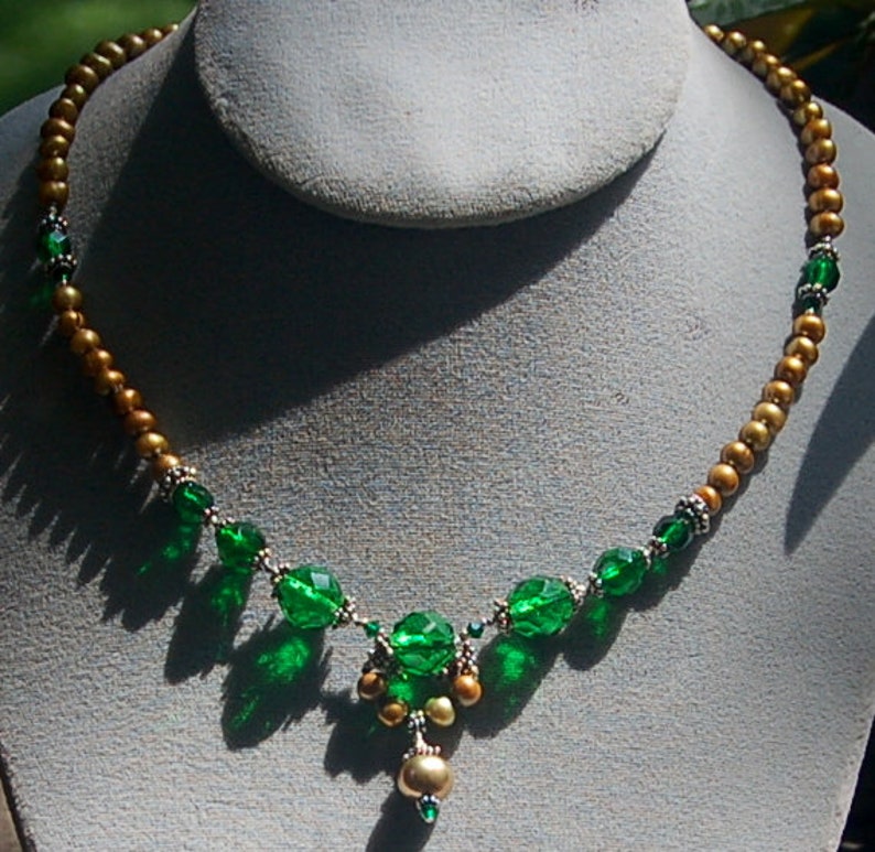 Vintage Emerald green, golden fresh water pearls and Bali sterling silver necklace image 3