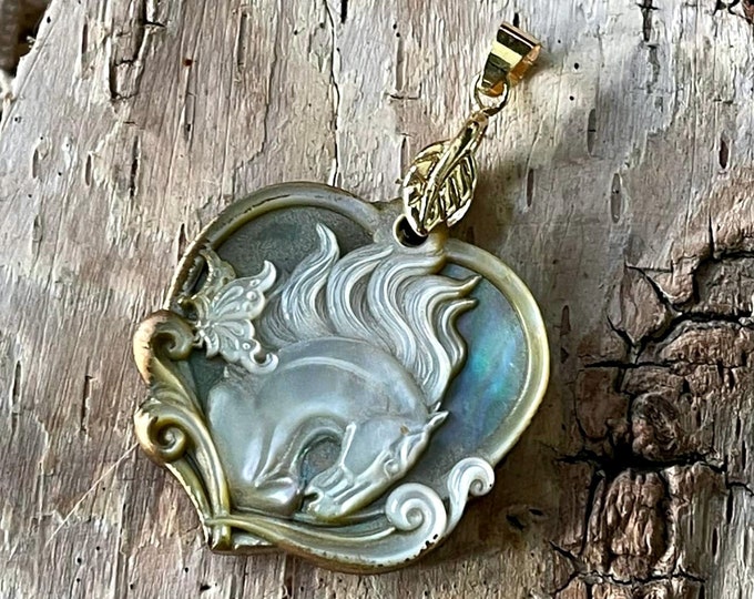 Gorgeous Carved MOTHER of PEARL Spirit HORSE & Butterfly Artisan Pendant