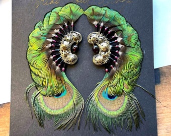 Vintage ASHLOCK Peacock Feather Earrings - 23k Gold Plate GORGEOUS