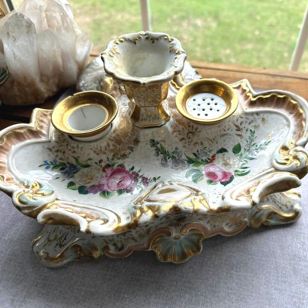 Beautiful ANTIQUE Victorian Hand Painted Porcelain  Inkwell Pen Stand Desk Set