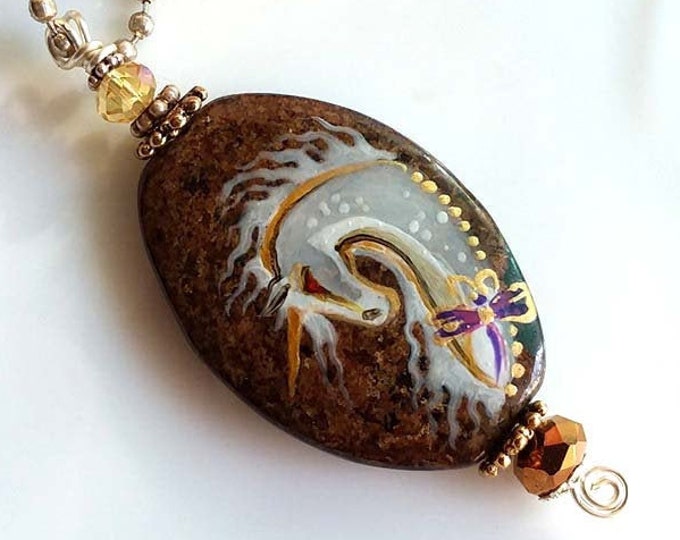 Gilded Unicorn and Dragonfly BRONZITE Pendant Necklace - Painted Folk Art Ponies