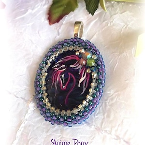 Blue Abalone SPIRIT HORSE Oval Peyote Pendant & Necklace - Folk Art Ponies Anime