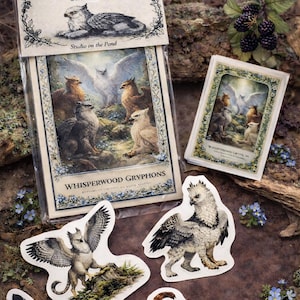 Amberwyn Gryphons Sticker Set – Baby Gryphon Stickers – Fantasy Creature Art – Whisperwood Fen Collection