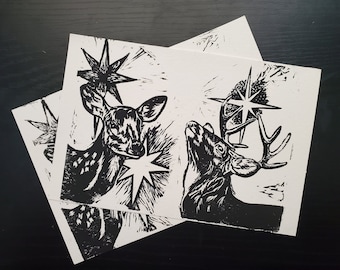 Hand-printed "Together In the Stars" Deer Linocut Art Print Combo