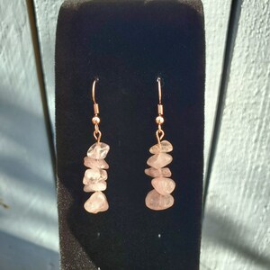 Rose Quartz Crystal Chip Dangle Earrings Brass Copper Nickel Free Handmade | Cute Whimsical Stone Earthy Earrings