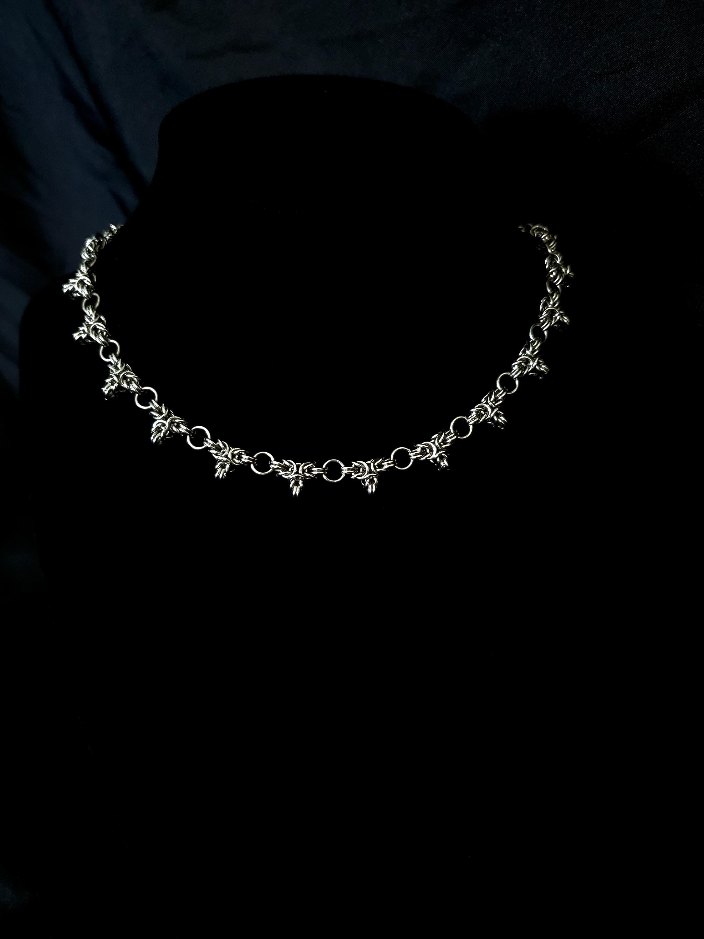 Byzantine Large Spaced Spike Adjustable Necklace Choker Stainless Steel Handmade Chainmail Elegant Whimsigoth Unisex Whimsical Fairy Jewelry