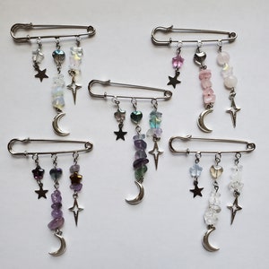 Crystal Y2K Safety Pin Bag Charms With Cute Glass Star Beads | Amethyst Fluortie Clear Quartz Roze Quartz Crystal Chips