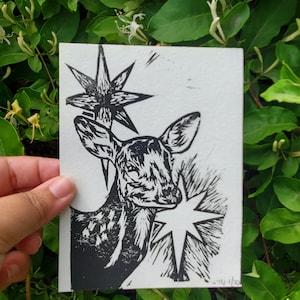 Hand-printed &quot;Celestial Fawn&quot; Deer Linocut Art Print