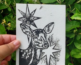 Hand-printed "Celestial Fawn" Deer Linocut Art Print